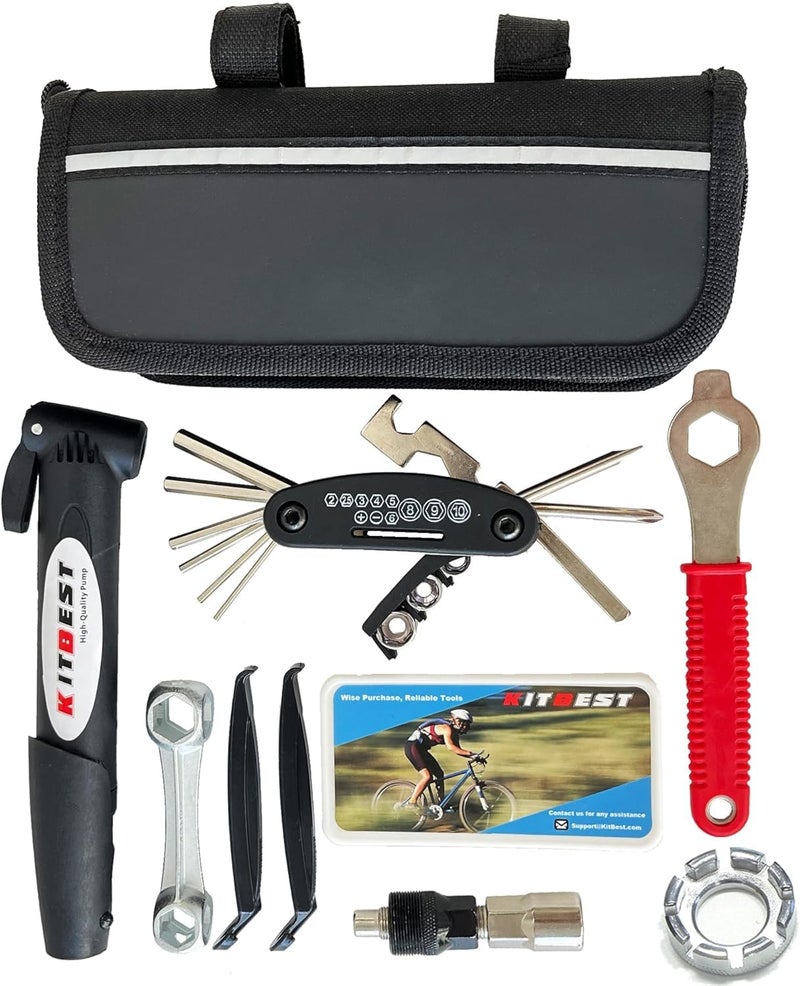 Kitbest Bike Repair Kit Bicycle Repair Bag with Tire Pump, Portable Tool Kit for Camping Travel, All in One Bike Repair Tool - Patches, Inflator, Maintenance Essentials, Safety Emergency Repair Toolkit - Image 2